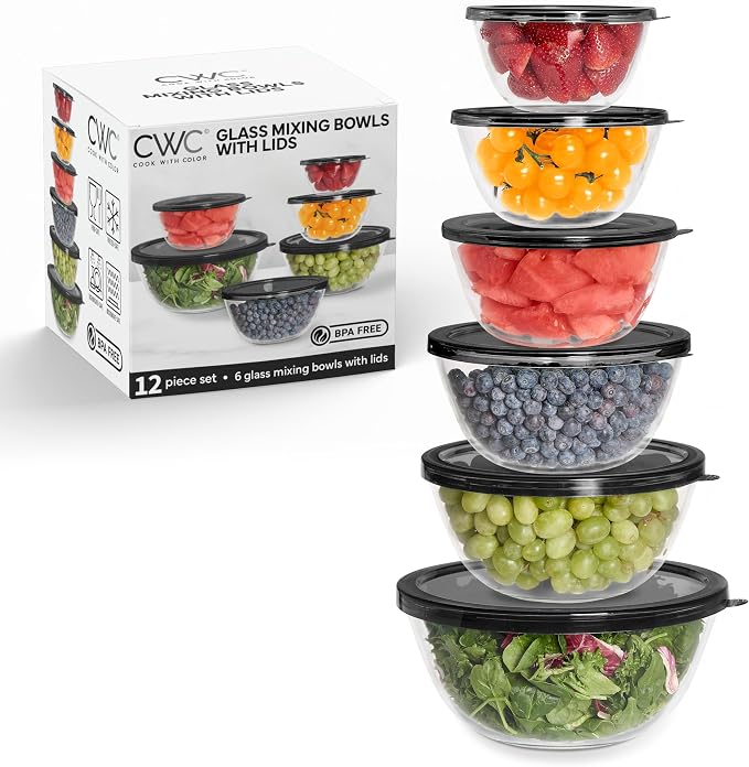 COOK WITH COLOR 12 Pc Glass Mixing Bowl Set with Lids – Borosilicate Glass Nesting Bowls for Cooking, Baking and Meal Prep, Black by CookwithColor