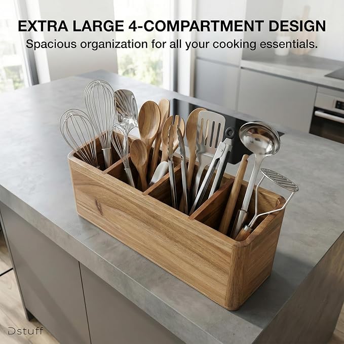 Dstuff Large Kitchen Utensil Holder Organizer for Counter or Countertop, Wooden Storage Container for Cooking and Silverware, Acacia Rustic Wood (4 Compartments) - Image 8