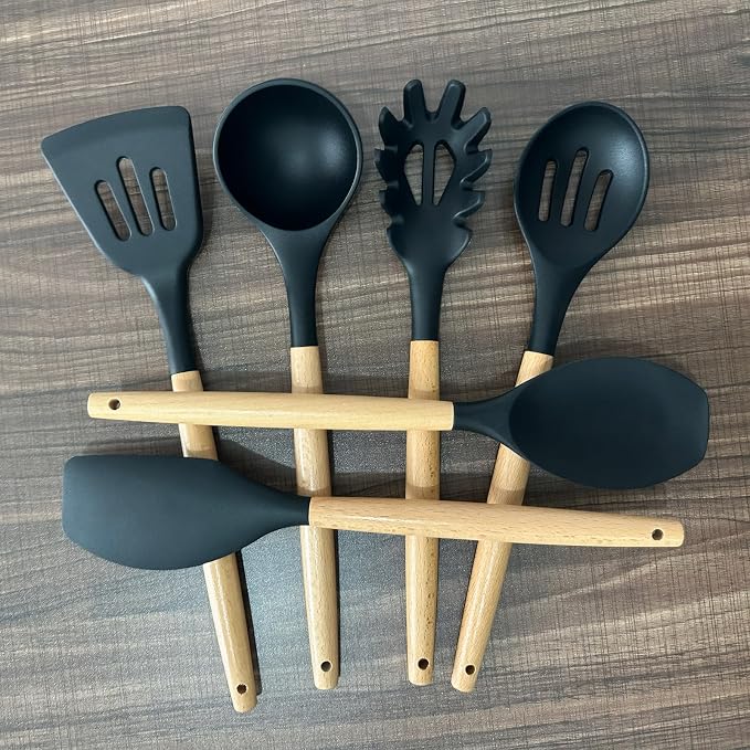 Silicone Kitchen Utensils Set of 6, Cooking Utensils Set with Heat Resistant Wooden Handle, Nonstick Silicone Spatula Spoon Turner Ladle, Cooking Kitchen Gadget for Cookware & Baking BPA FREE - Image 6
