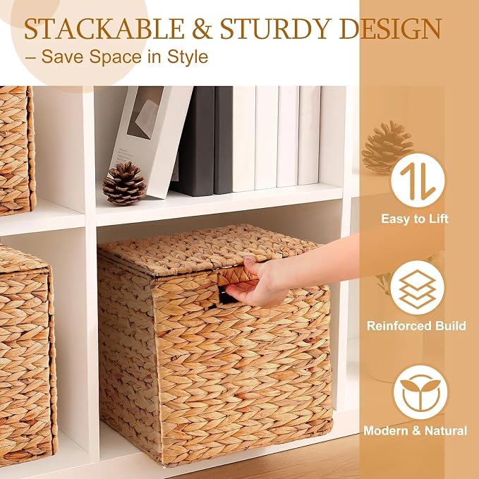 Jinei 6 Pcs Water Hyacinth Storage Baskets with Lid 12"x12"x12" Wood Color | Handwoven Wicker Bins with Handles, Wicker Cube Baskets Bulk for Shelves Organizer Laundry, Closet Bedroom - Image 3