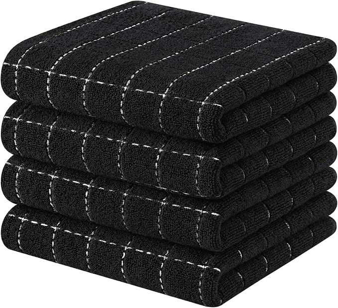 Kitinjoy 100% Cotton Terry Kitchen Towels, 13”x 28”, 4-Pack, Black | Checkered Designed, Ultra Soft Absorbent Quick Drying Dish Towels by Kitinjoy