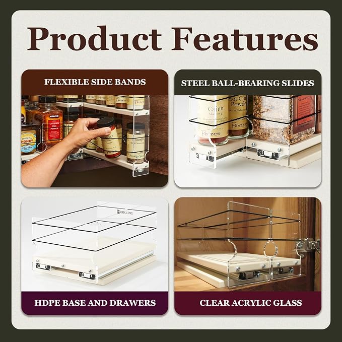 Large Pullout Sliding Spice Rack Organizer - 2 Individual 2 Tier Drawers - Premium Rolling Seasoning Holder/Caddy for Hidden Pantry Storage - Made in USA (6.9''W x 10.75" H x 10.6''D) - Image 5