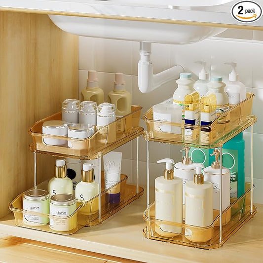 Delamu 2-Tier Under Sink Organizers and Storage, Multi-Purpose Stackable Bathroom Cabinet organizers, Pull Out Kitchen Pantry Organization and Storage with Dividers(2 Pack, Amber) by DELAMU