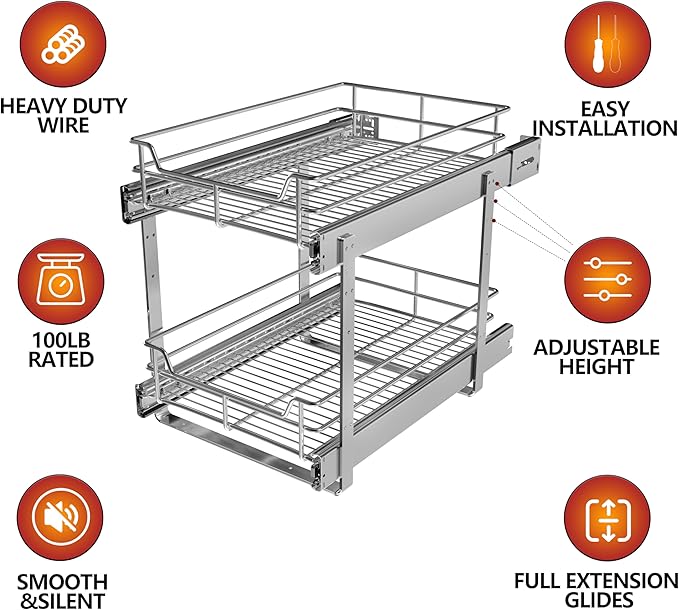 2-Tier Pull Out Cabinet Organizer, 23" W x 22" D, Chrome | Heavy-Gauge Wire Slide Out Shelves, 100 lbs Capacity, Ball-Bearing Glides, Min 24" Opening, For Heavy Appliances - Image 3