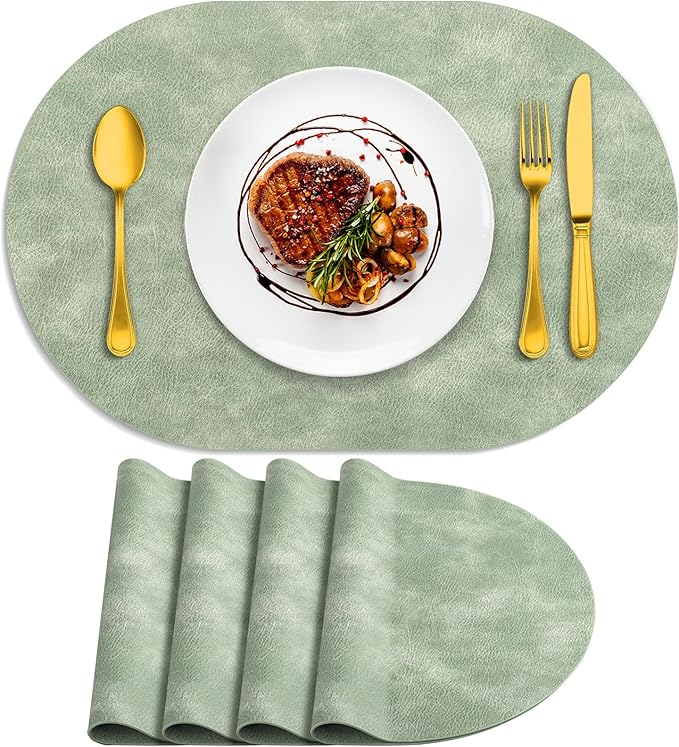 ADRIMER Placemats, Heat Resistant Oval Placemats Set of 4 Washable 12 x 17 Inch, Waterproof Table Mats, Wipeable Pu Place Mats for Kitchen, Dining Room, Green by Adrimersdreamistobeanindispensablecompanioninyourlife
