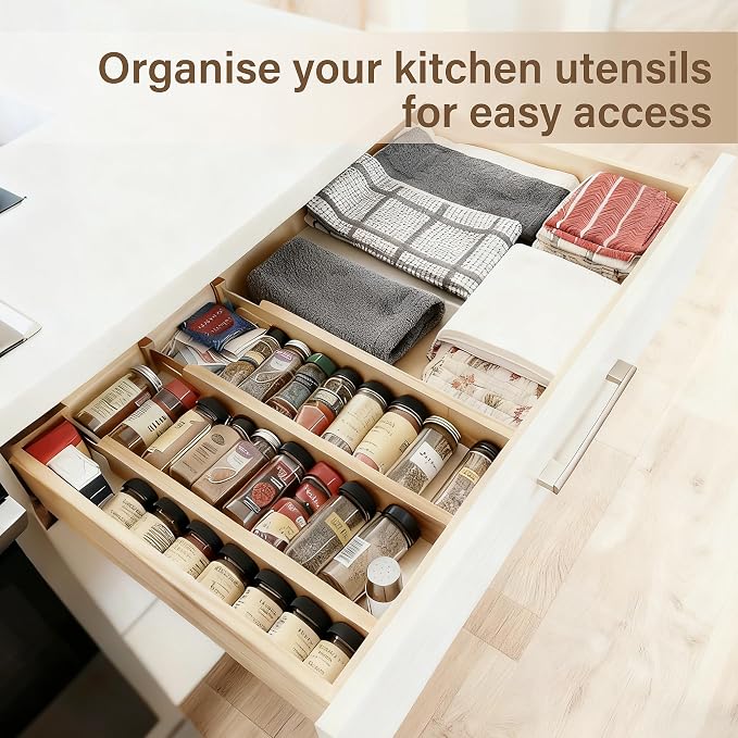 Adjustable Bamboo Drawer Dividers of 8, Expandable Organizers (16.9"-22.2") | Spring-Loaded Kitchen Drawer Organizer, Non-Slip Ends, 2.2" High, Easy Setup & Clean, for Kitchen, Dresser, Clothes, Bath - Image 4