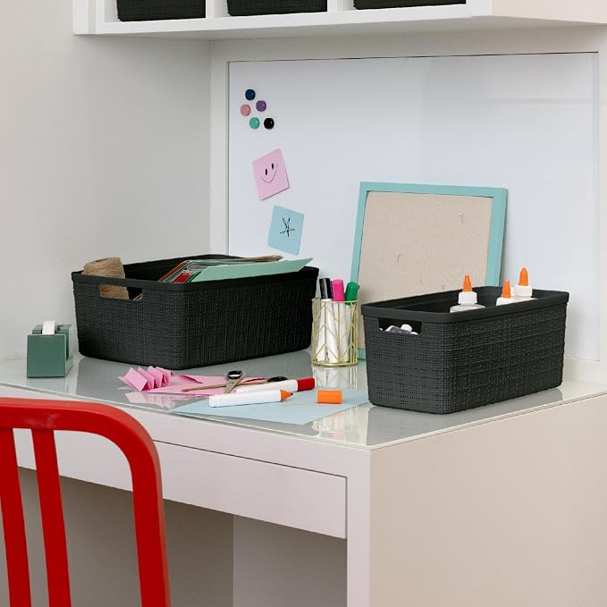 Curver Set of 8 Slim 6.8L Jute Decorative Plastic Organization and Storage Baskets - Perfect Bins for Home Office, Closet Shelves, Kitchen Pantry and All Bedroom Essentials, Black - Image 5