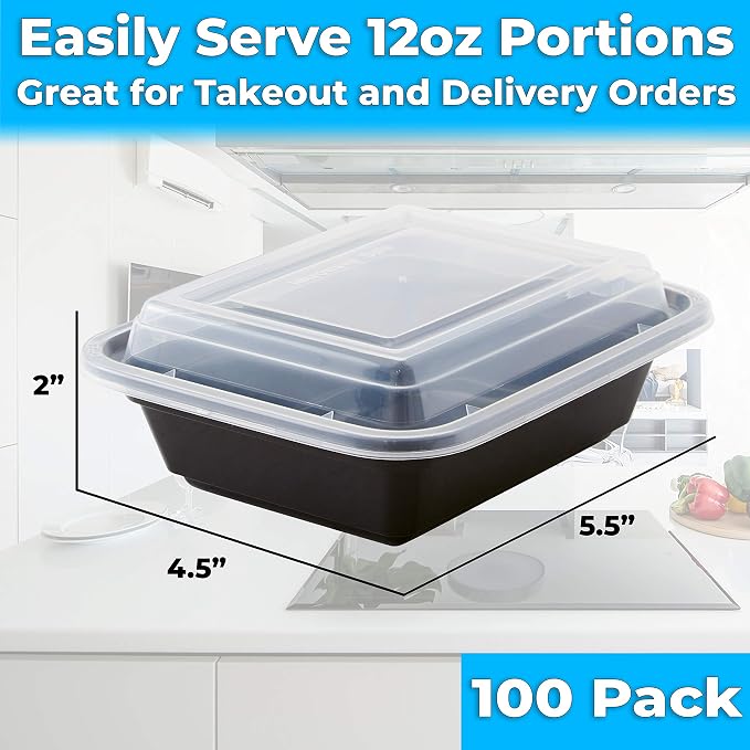 Pro-Grade BPA-Free Plastic Containers with Lids 100ct. 12oz Leakproof Microwavable Portion Container for To-Go Orders, Food Prep and Storage. Reusable Bento Boxes for Restaurant, Cafe and Catering. - Image 6