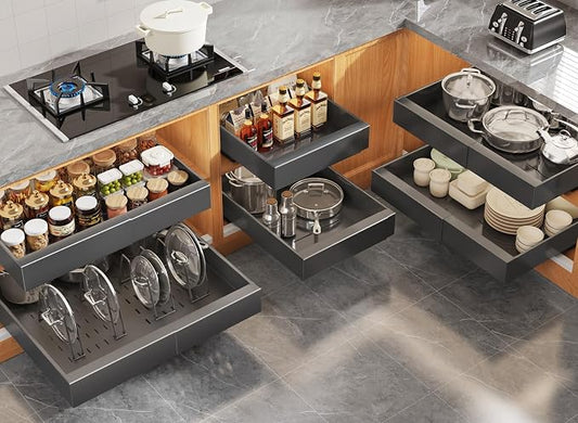 Seinloes 6Pack Expandable Pull Out Cabinet Organizer 21"Deep with Raising Pad for Framed Cabinets,Slide Out Drawers with 4pcs Divider Racks,Roll Out Shelves Adhesive,Adjustable Width 12.05"-20.4"Black by Seinloes