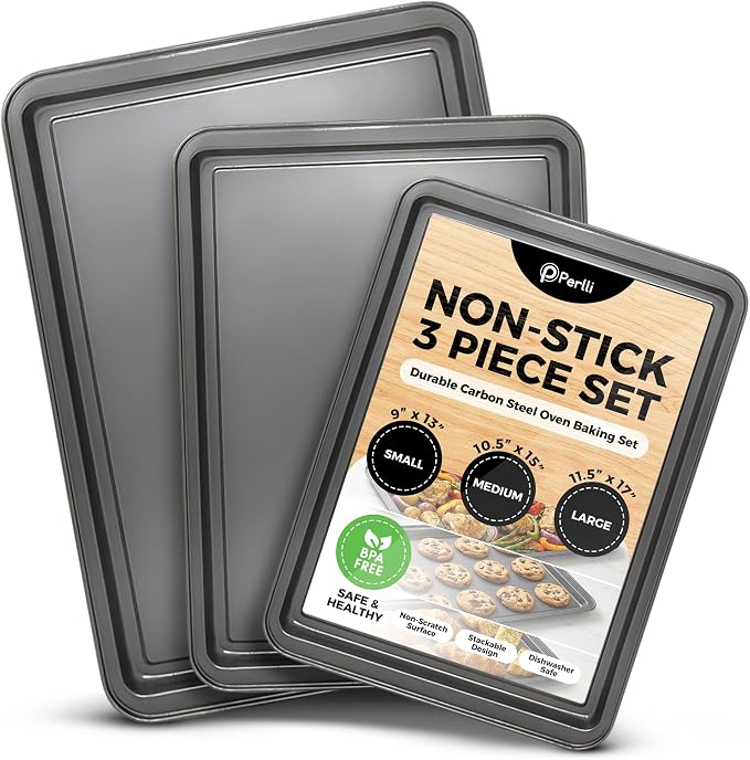 Non-Stick 3-Piece Baking Pan Set – Carbon Steel with Even Heat Distribution, Oven Safe to 446°F, BPA-Free, Dishwasher Safe, Stackable Baking Tools for Easy Storage and Everyday Cooking - Gray by PERLLI