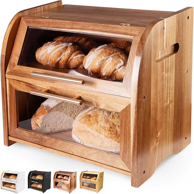 Arise Acacia Wooden Bread Box for Kitchen Countertop, Extra Large 2-Shelf | Bread Storage Container with Clear Windows & Air Vents, Bread Bin & Keeper, Keeps Bagels, Rolls & Buns Fresh, Self Assembly by ApaceLiving