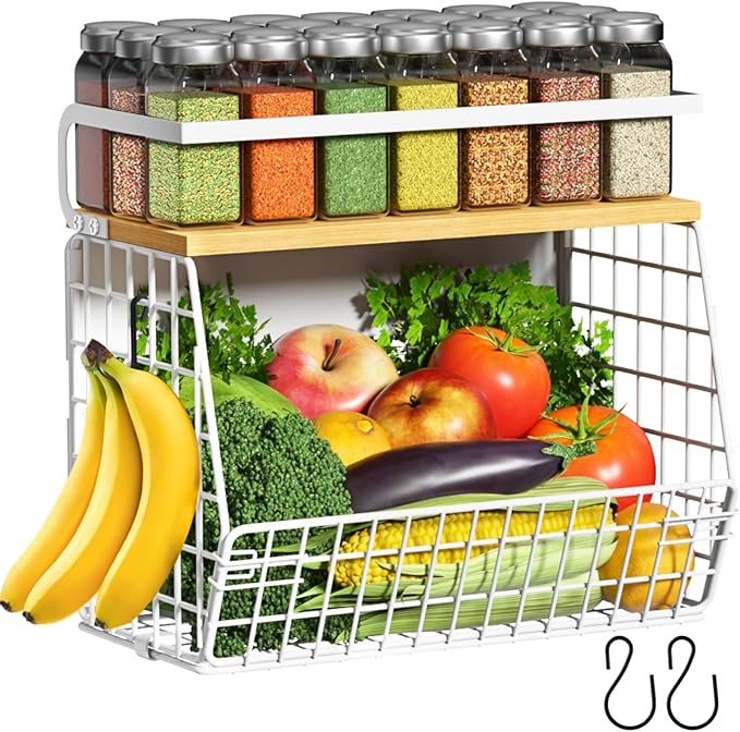 Magnetic Fridge Shelf with Wood Lid, Fruit Potato Onion Storage Bins, Pantry Organizers, Large Container Spice Rack for Refrigerator, Kitchen Counter, Cabinet (1, White) by Ofiray-home