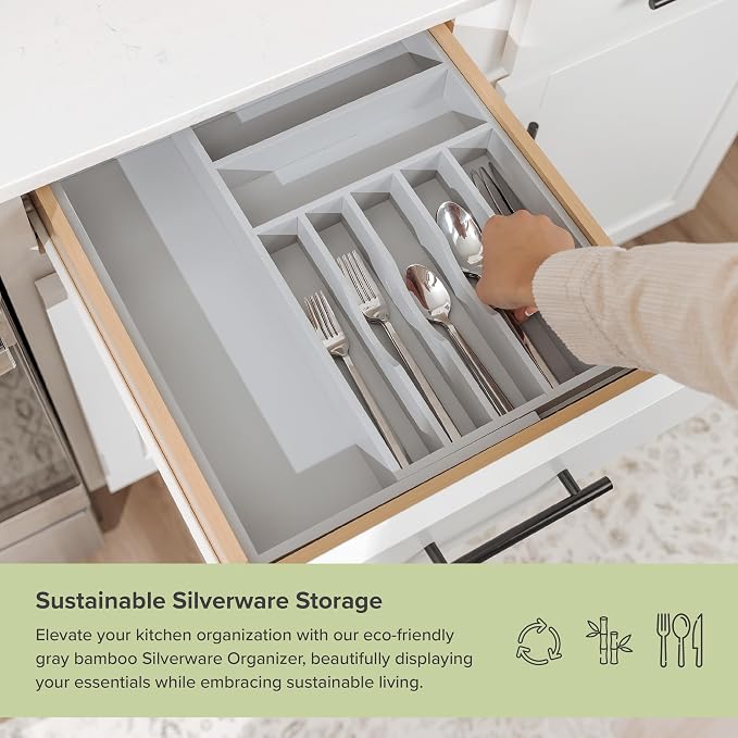 Silverware & Utensil Drawer Organizer, 10.5-19 in, Gray Bamboo | Cutlery, flatware, food-safe contract grade, kitchen drawer fit - Image 5