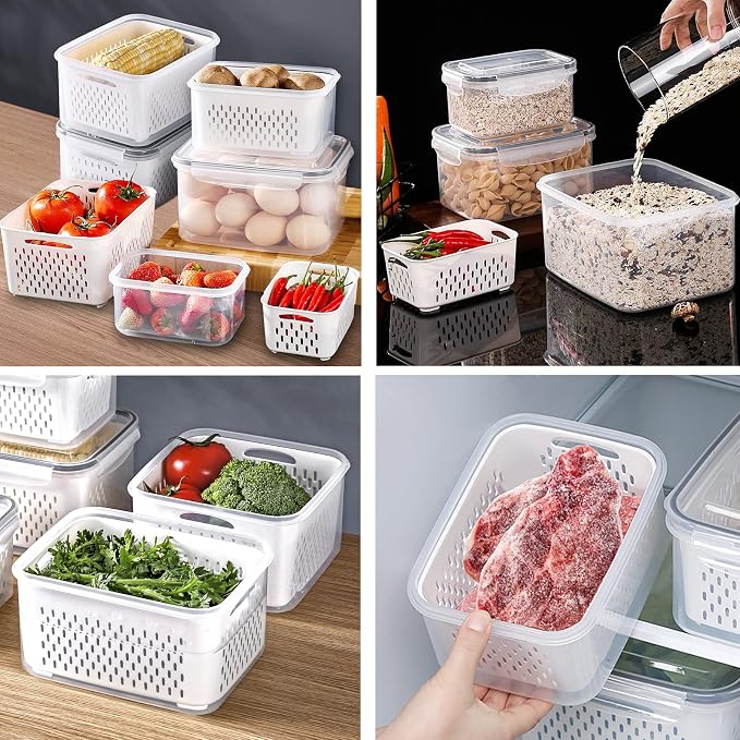 4 Pack Large Fridge Food Storage Container Set with Lids with Strainer, Fruit Vegetable Storage Containers Keep Fruits, Vegetables, Berry, Meat Fresh longer , BPA-Free Plastic Produce Keepers - Image 6