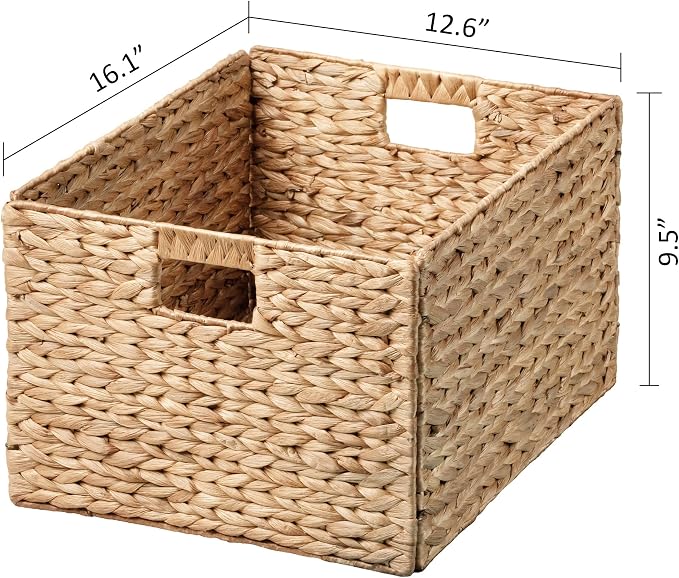Extra Large Water Hyacinth Wicker Storage Baskets, Set of 2 | Rectangular, 16.1"x12.6"x9.5", Iron Wire Frame, Natural - Image 7