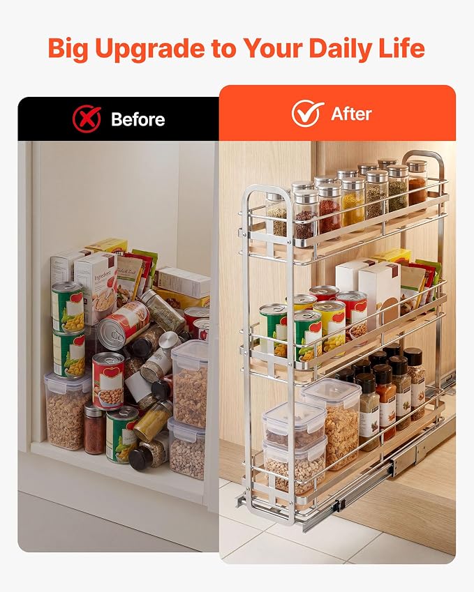 VEVOR Pull Out Spice Rack Organizer for Cabinet, 3 Tier Slide Out Spice Rack Organizer, Height Adjustable Heavy Duty Metal Seasoning Kitchen Basket for Cabinets, 5.75" W x 20.98" D x 21.34" H, Silver - Image 6