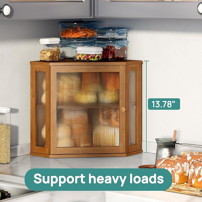 viewcare Corner Bread Box for Kitchen Counter, Bamboo Wood Large Capacity Bread Storage Bin with Acrylic Wavy Door Panel (Brown, Meduim) - Image 6