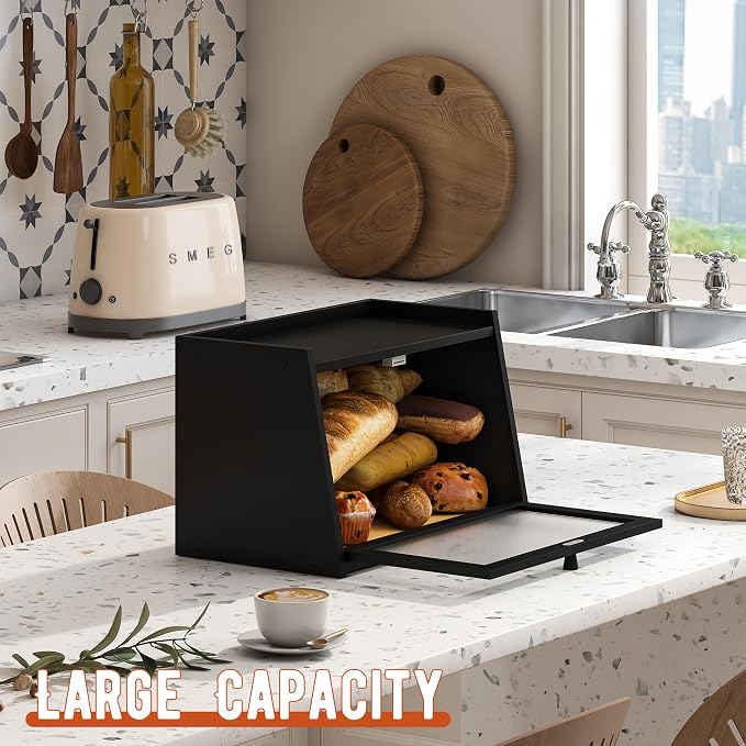 GHWIE Large Bread Box, Easy Access & Cleaning - Bamboo Bread Box for Kitchen Countertop with Acrylic Door (Black, Medium) - Image 6