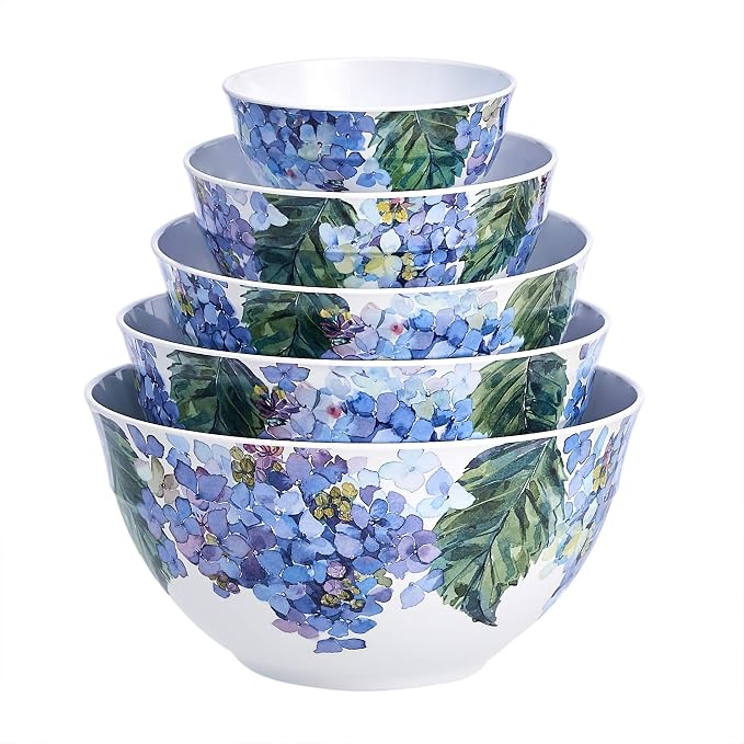 Amazon Basics Mixing Bowls with Lids, Nesting Melamine Serving Bowls, Non-Slip Base, BPA Free, Dishwasher Safe, 5 Sizes, Hydrangea Floral, Set of 10 - Image 3