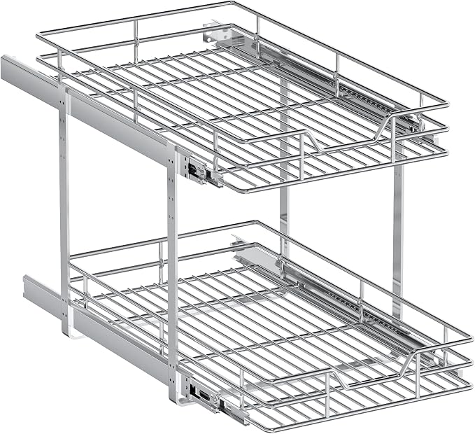 2-Tier Pull Out Cabinet Organizer, 13.5" W x 21.5" D, Heavy Duty Dual Slide Out Shelves for Base Cabinets, Chrome Wire Basket Drawer for Pantry, Kitchen & Bathroom Storage - Image 9