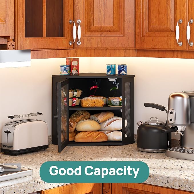 viewcare Corner Bread Box for Kitchen Counter, Bamboo Wood Black Bread Box, Large Capacity Bread Storage Bin with Acrylic Wavy Door Panel (Black, Meduim) - Image 7