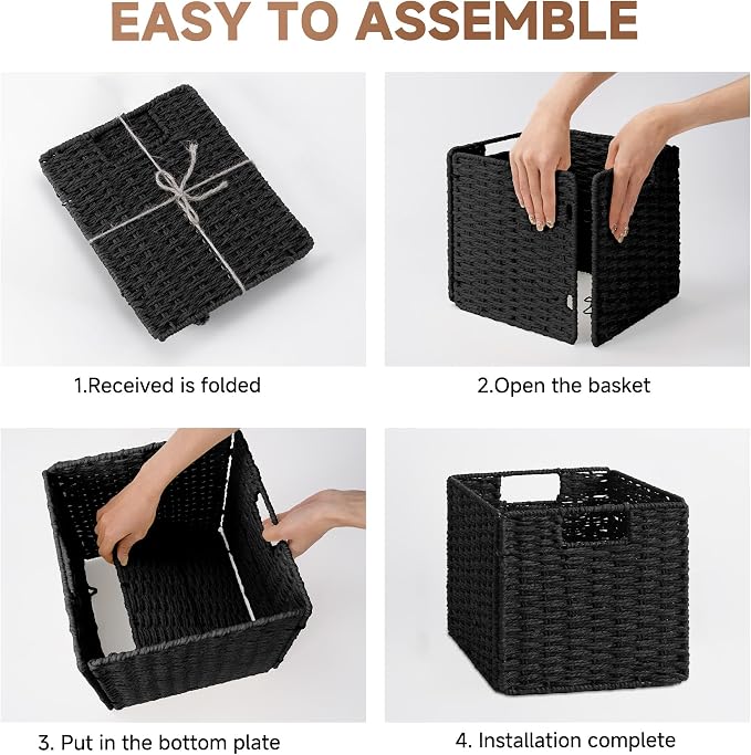 StorageWorks 9 inch Cube Storage Bins, Wicker Storage Cubes, Black Basket | 2-Pack, Handwoven Wicker Basket for Storage, Foldable Paper Rope Baskets for Organizing, Black Storage Bins,Cube Storage Bins - Image 8