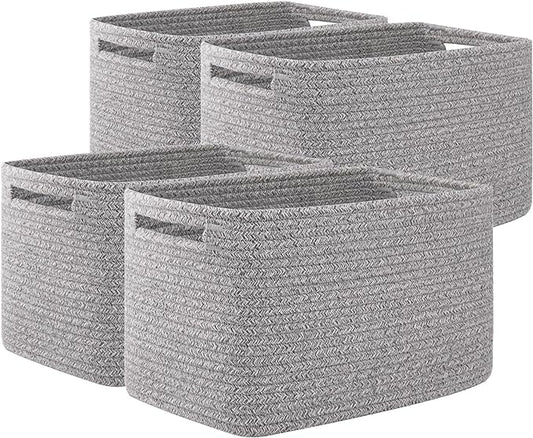 OIAHOMY 4 Pack Storage Baskets for Organizing, Cube Storage Bins for Shelves, Rectangle Storage Baskets With Handles, Woven Baskets for Storage, 16''Lx12''Wx8''H, Grey by MasterofSpaceOptimization