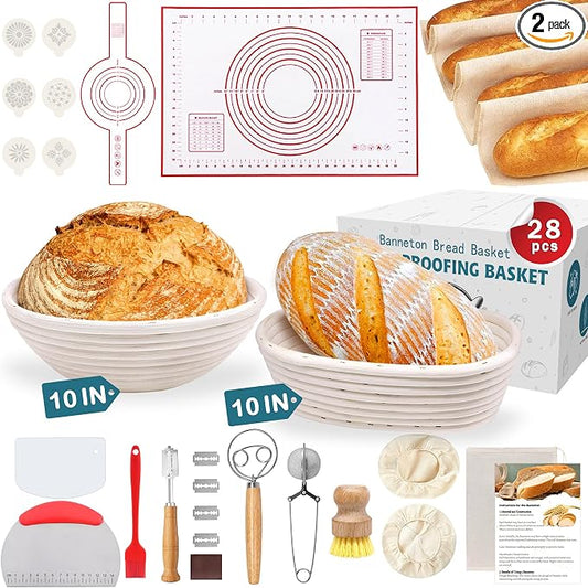 Aliggbent 28Pcs Sourdough Starter Kit, Rattan Banneton Proofing Baskets Set | Sourdough Bread Baking Supplies Set Rattan Banneton Baskets Liners Lame Danish Whisk Sling Scraper 28 Pcs Dough Tools by AliggbentGoodChoice