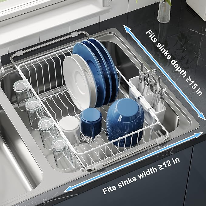 JASIWAY White Dish Drying Rack in Sink, Dish Drainer with Utensil Holder | Over The Sink Expandable Stainless Steel Strainer Dryer Rack for Small Kitchen, Counter Space Saving, Fast Drain, Rustproof - Image 5