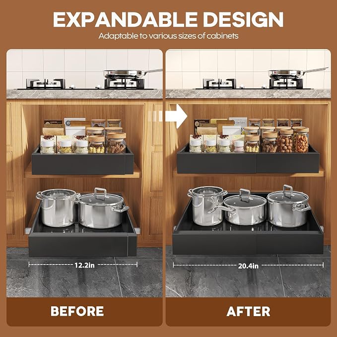 Seinloes 2 Pack Expandable Pull Out Cabinet Organizer 16.5"Deep With Raising Pad for Framed Cabinets,Upgrade 3 Slide Rails Slide Out Drawers,No Drill Roll Out Shelves,Adjustable Width 12.2"-20.4"Black - Image 3