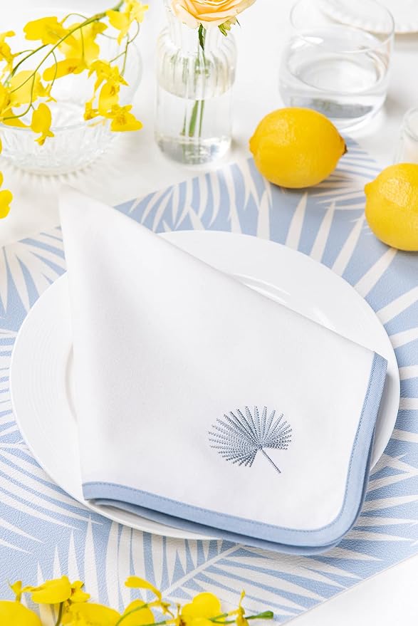 Hofdeco Premium Coastal Cotton Cloth Napkins Set of 4, 20"x20" Washable Dinner for Beach House Decor, Subtle Blue Embroidered Palm Leaf - Image 3