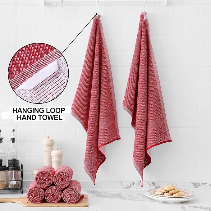 Homaxy 380 GSM Cotton Premium Kitchen Towels 3 Pack, 18"x 28", Red | Flat and Terry Dish Towels, Highly Absorbent Tea Towel Set with Hanging Loop, Soft Utility Kitchen Hand Towels - Image 3