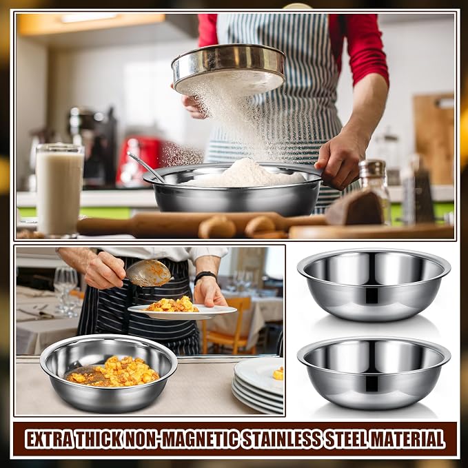 Nuogo 8 Pcs Stainless Steel Mixing Bowls Metal Mixing Bowls Extra Large Basin Salad Basin Deeper Edge Dishwasher Safe Mirror Finish for Home and Commercial, Silver (16 Inch 13 Qt) - Image 6