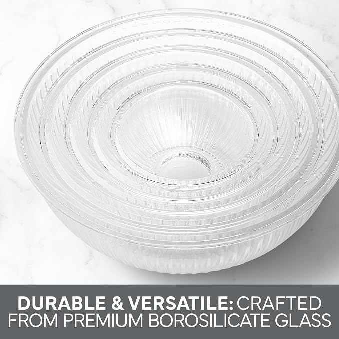 COOK WITH COLOR 12 Pc Glass Mixing Bowl Set with Lids – Borosilicate Glass Nesting Bowls for Cooking, Baking and Meal Prep, Fluted Grey - Image 7