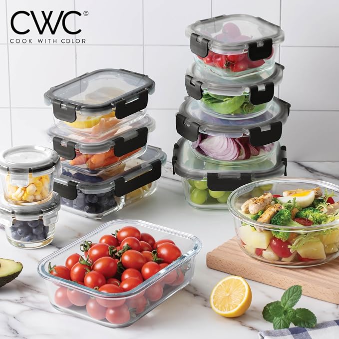 COOK WITH COLOR Premium 32-Pc. Borosilicate Glass Food Container Set with Dividers - 4 Rectangles, 8 Rounds, 4 Squares - Leakproof Lids - Meal Prep, Storage, Ombre Black - Image 2
