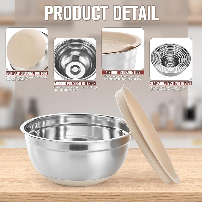 7QT 23PCS Mixing Bowls with Airtight Lid Set, Stainless Steel Nesting Bowls with 3 Graters, Non-Slip Base, Large Prep Bowls 7, 3.5, 2.5, 2, 1.4, 1QT & 14 Measuring Spoons Great for Baking, Serving - Image 8