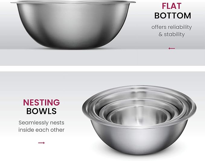 FineDine Stainless Steel Mixing Bowls Set, 6-Piece Metal Bowls | Stainless steel bowls, nesting design saves space, dishwasher safe, prep bowls, baking bowls, cooking bowls - Image 4