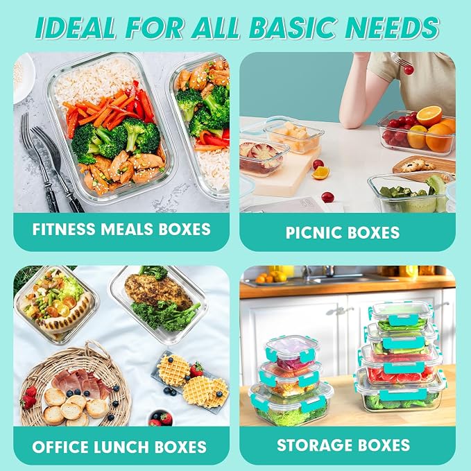 VERONES 30 Pieces Glass Food Storage Containers Set with Lids, Green | Stackable Glass Meal Prep Containers Set with Lids, Airtight Lunch Containers, for Microwave, Oven, Freezer & Dishwasher - Image 6