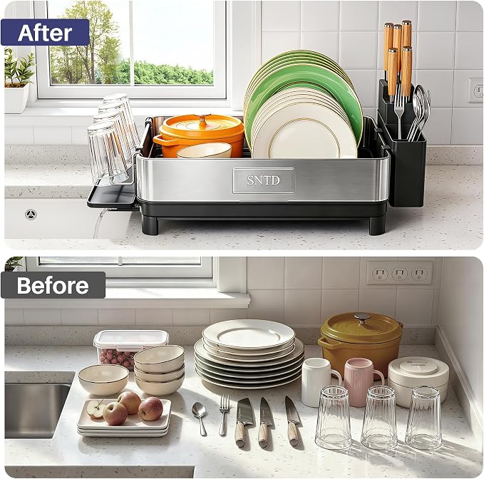 SNTD 304 Stainless Steel Dish Drying Rack for Small Kitchen Counter, Black | Rustproof, Large Capacity, Heavy-Duty Frame, Rotating Spout, Angled Drainboard, Removable Cup & Utensil Holder - Image 6