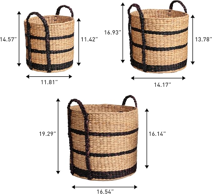 happimess Willow 3-Piece Nesting Hyacinth Baskets 19", Natural/Black | Handwoven, Rustic Cottage Stripe, Integrated Side Handles, Decorative Storage Containers, Living Room, Bedroom - Image 4