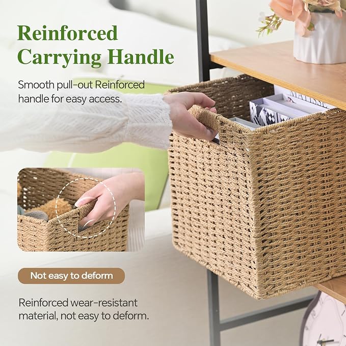 Patvingot 11-Inch Paper Rope Wicker Basket with Built-In Handles,4 Pack | For books, throws and accessories on open shelves, decorative woven texture, metal frame supports the shape, folds flat - Image 3