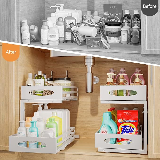 Under Sink Organizer, 2 Tier Under Sink Organizers and Storage, Adjustable Height, Slide out Metal Cabinet Organizers, Pull out Cabinet Storage Drawer Shelf for Kitchen Bathroom (White, 1 Pack) - Image 2