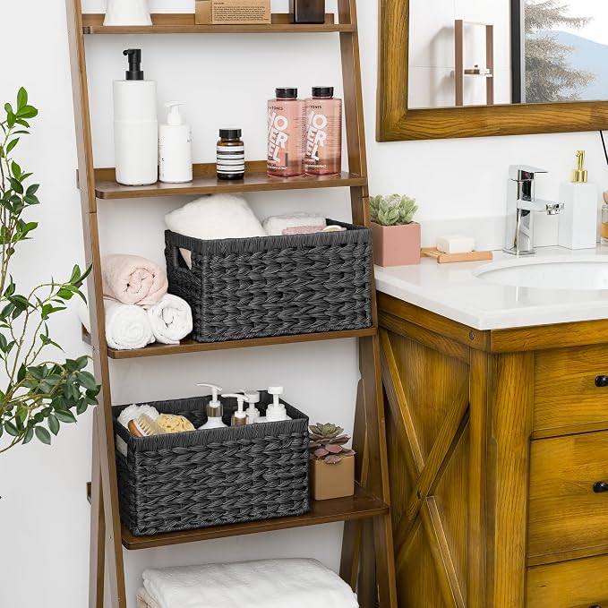 GRANNY SAYS Black Wicker Basket,Decorative Woven Baskets for Storage,2-Pack | Waterproof Plastic Black Baskets for Shelves,Storage Basket Organizer,Wicker Storage Basket for Organizing,Black Woven Basket - Image 2