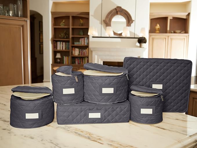 Covermates Keepsakes Dish Storage Set – Padded China & Dinnerware Storage Cases with Dividers, Cup & Stemware Storage, Quilted Polyester Protection, ID Window, Slate - Image 6