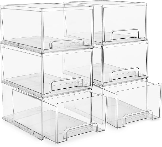 Sorbus Plastic Storage Bins Stackable Clear Pantry Organizer Box Bin for Organizing Kitchen Fridge, Food, Snack Pantry, Fruit, Vegetables, Bathroom, Wide & Narrow Deep (6 Pack) by Sorbus
