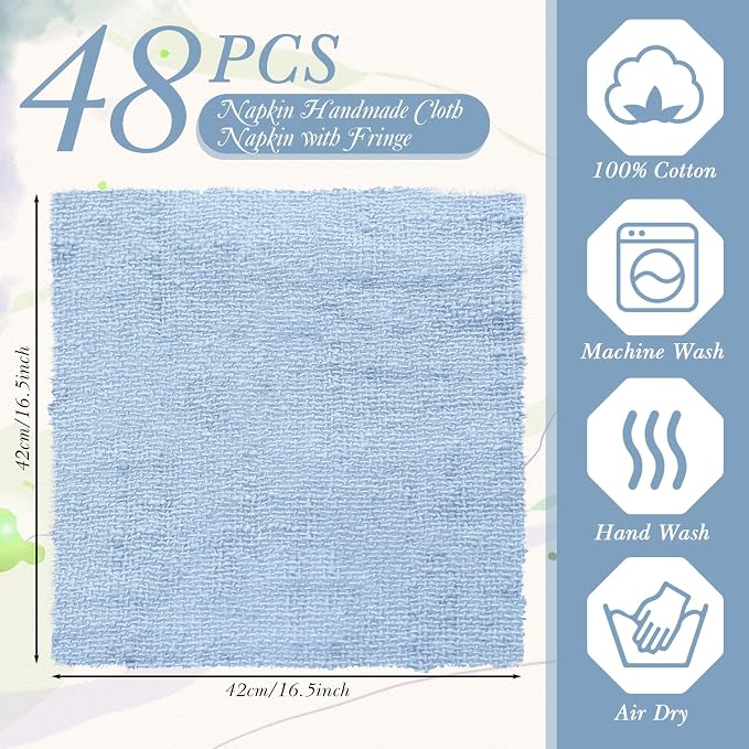 48 Pcs Cotton Linen Cloth Napkins with Fringe 16.5 x 16.5 Inch Square Rustic Dinner Linen Napkins Bulk for Wedding Party Banquet Dinner(Dusty Blue) - Image 2