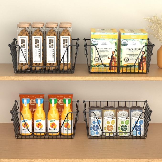 Slideep Wire Storage Baskets for Organizing, 4 Pack 14'' Stacking Metal Wire Freezer Organizer Bins with Handles, Large Pantry Baskets for Kitchen Cabinets, Bathroom, Laundry, Garage, Black - Image 5