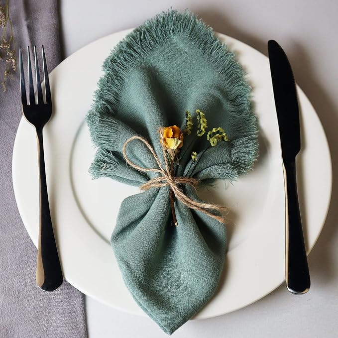 Handmade Cloth Napkins with Fringe,18 x 18 Inches Cotton Linen Napkins Set of 6 Versatile Handmade Square Rustic Fringe Napkins for Dinner, Wedding and Parties, Sage - Image 2