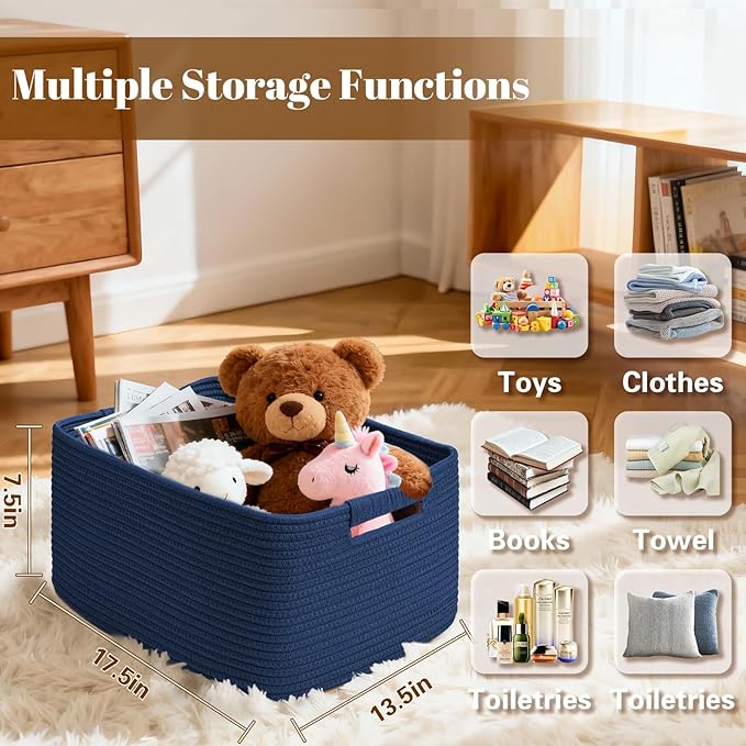 2 Pack Large Storage Basket for Organizing, 17.5"x13"x7" Woven Basket for Shelves, Closet Cube Storage Bins with Wrapped Handle, Cotton Rope Baskets for Kitchen, Clothes, Toys(Navy Blue) - Image 2