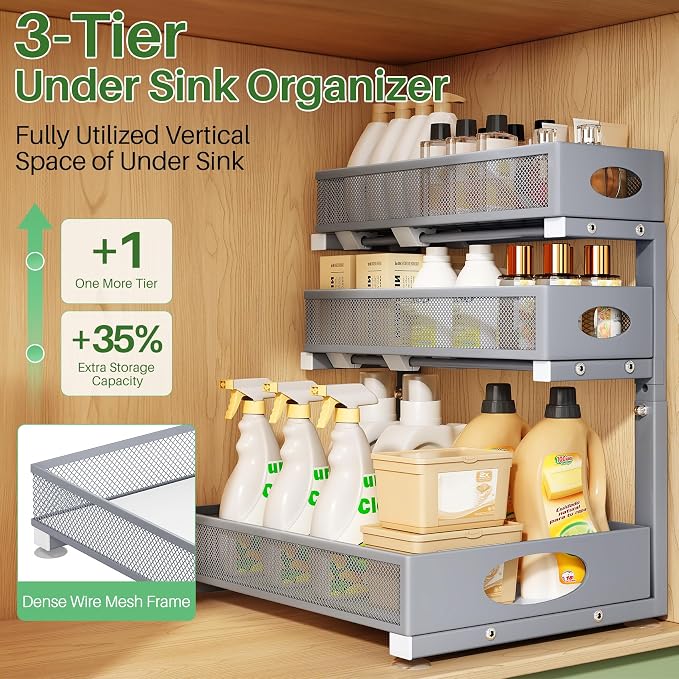 Kitstorack Under Sink Organizer 3-Tier Slide Out Drawer 2-Pack Grey | Height Adjustable, Metal Mesh Storage Rack, Pull out Cabinet Organizer Shelf for Bathroom Kitchen Pantry Home Organization - Image 3